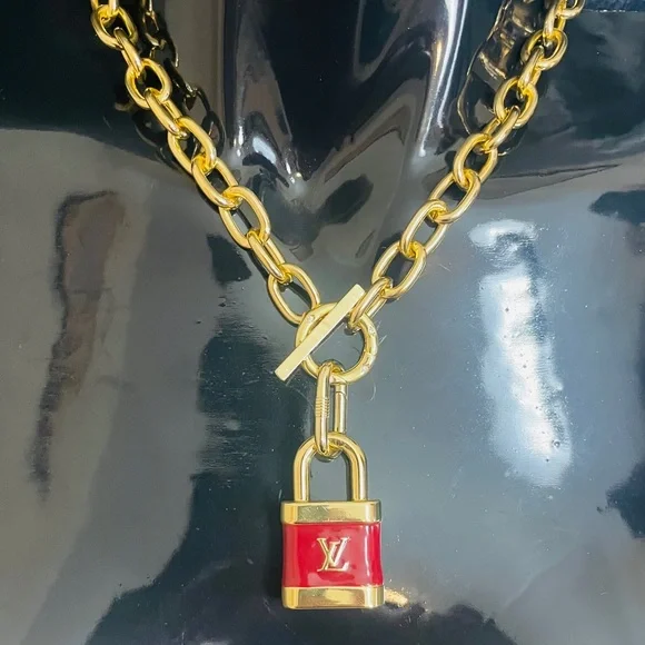 LV Red Padlock Charm Pendant Upcycled Gold Chunky Link Chain Statement Necklace - Picture 2 of 8
